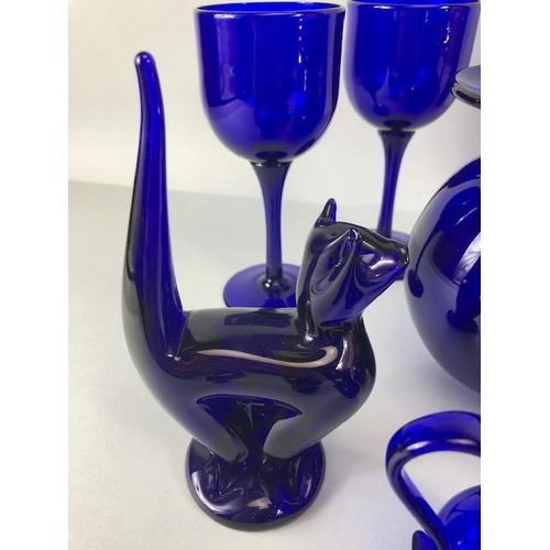 165 - Studio Bristol blue glass, collection of items hand blown or moulded the bases etched with Bristol s... 