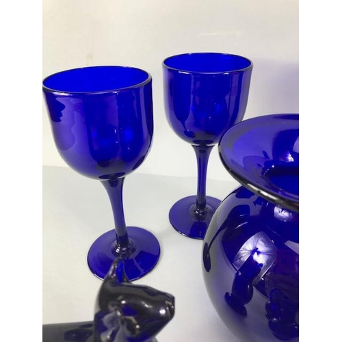 165 - Studio Bristol blue glass, collection of items hand blown or moulded the bases etched with Bristol s... 