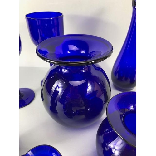 165 - Studio Bristol blue glass, collection of items hand blown or moulded the bases etched with Bristol s... 