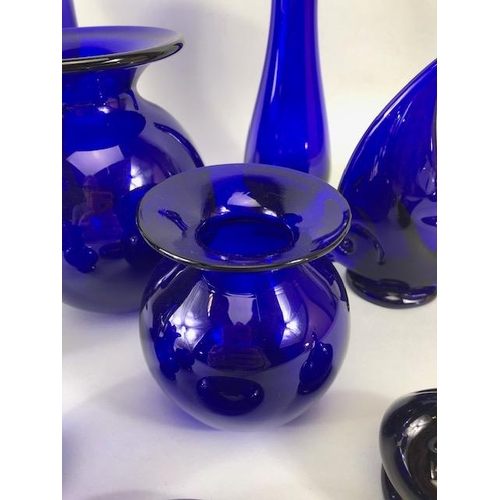 165 - Studio Bristol blue glass, collection of items hand blown or moulded the bases etched with Bristol s... 