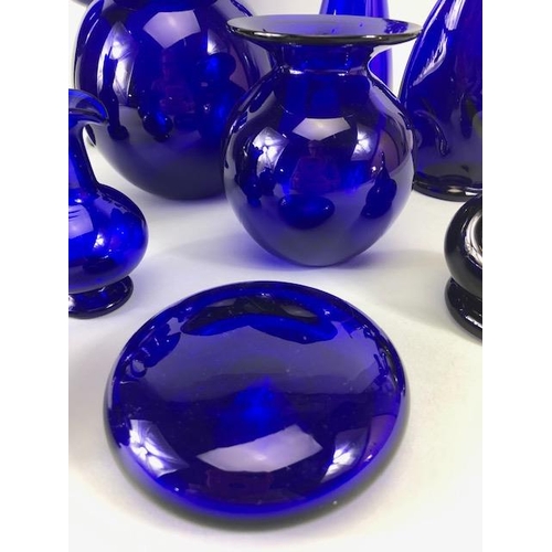 165 - Studio Bristol blue glass, collection of items hand blown or moulded the bases etched with Bristol s... 