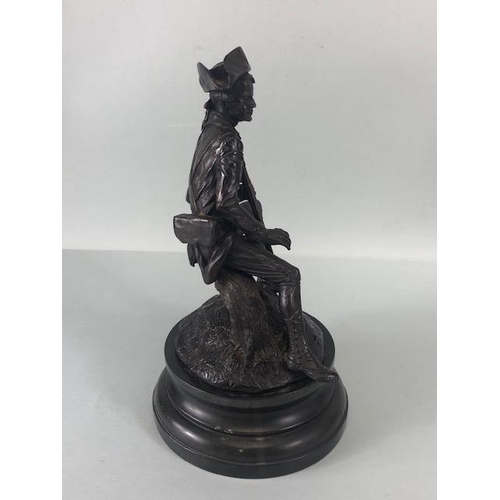 167 - Bronze statue of solider in french military uniform holding a musket, sat on a tree stump signed Ran... 