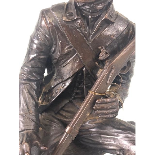 167 - Bronze statue of solider in french military uniform holding a musket, sat on a tree stump signed Ran... 