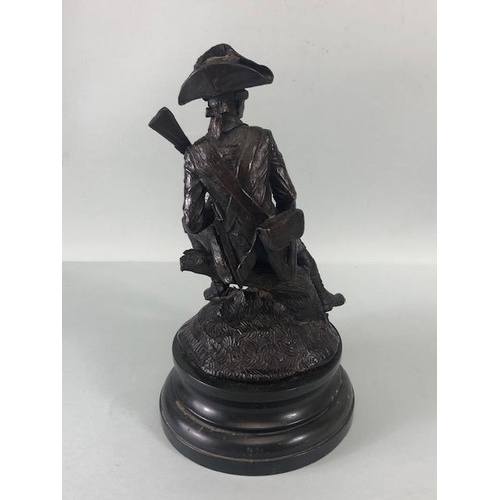 167 - Bronze statue of solider in french military uniform holding a musket, sat on a tree stump signed Ran... 