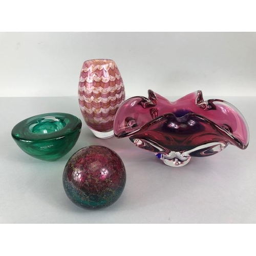 172 - Art glass, four items of hand blown studio glass, being a green swirl marble dish, galaxy paperweigh... 