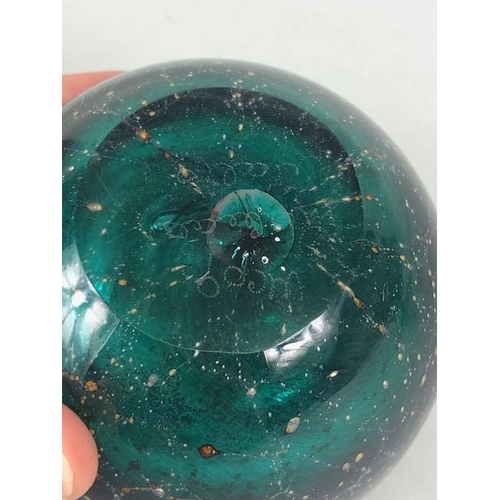 172 - Art glass, four items of hand blown studio glass, being a green swirl marble dish, galaxy paperweigh... 