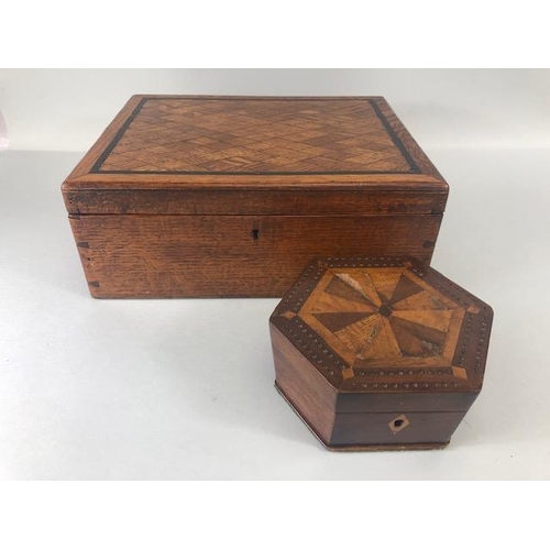 173 - Antique wooden marquetery boxes, Hexagonal box with cribbage board top, oak companion or work box wi... 