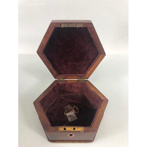 173 - Antique wooden marquetery boxes, Hexagonal box with cribbage board top, oak companion or work box wi... 