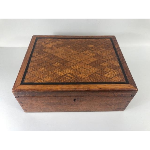 173 - Antique wooden marquetery boxes, Hexagonal box with cribbage board top, oak companion or work box wi... 