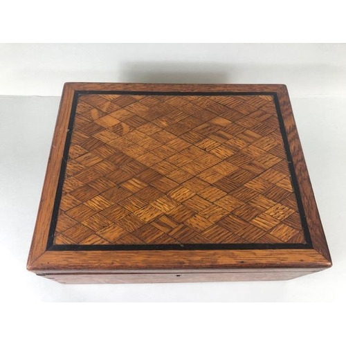 173 - Antique wooden marquetery boxes, Hexagonal box with cribbage board top, oak companion or work box wi... 