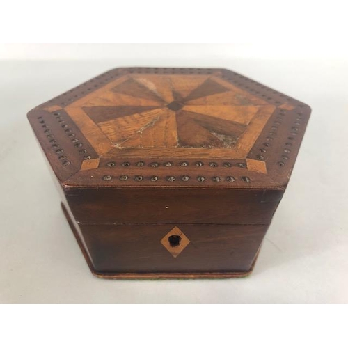 173 - Antique wooden marquetery boxes, Hexagonal box with cribbage board top, oak companion or work box wi... 