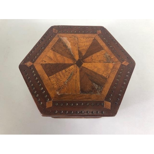 173 - Antique wooden marquetery boxes, Hexagonal box with cribbage board top, oak companion or work box wi... 