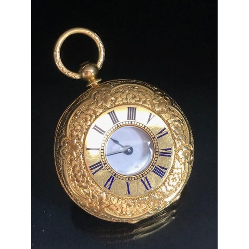 18 - 18ct Gold half hunter pocket fob watch with royal blue roman numerals, opening to white enamel dial ... 