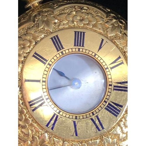 18 - 18ct Gold half hunter pocket fob watch with royal blue roman numerals, opening to white enamel dial ... 