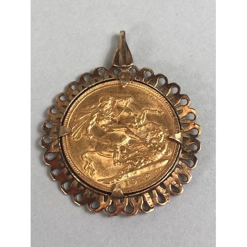 3 - Gold Sovereign dated 1912 in a 9ct Gold mount with pierced decoration, total weight approx 9.9g