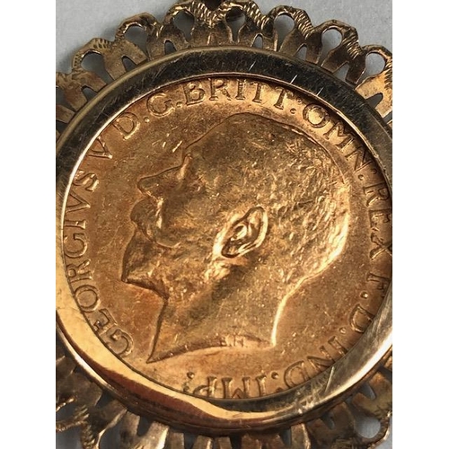 3 - Gold Sovereign dated 1912 in a 9ct Gold mount with pierced decoration, total weight approx 9.9g