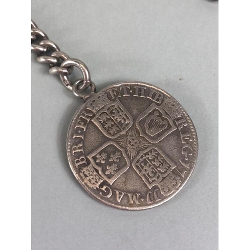 39 - Silver Graduated curb link Albert and chain (each linked marked) with a Queen Ann 1717 silver coin a... 