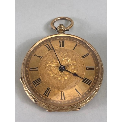 44 - 18ct Gold cased Pocket watch with key with gold floral decoration approx 36mm in diameter