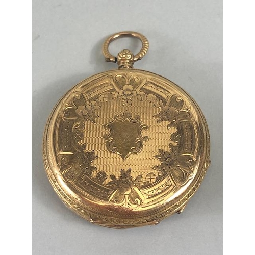 44 - 18ct Gold cased Pocket watch with key with gold floral decoration approx 36mm in diameter