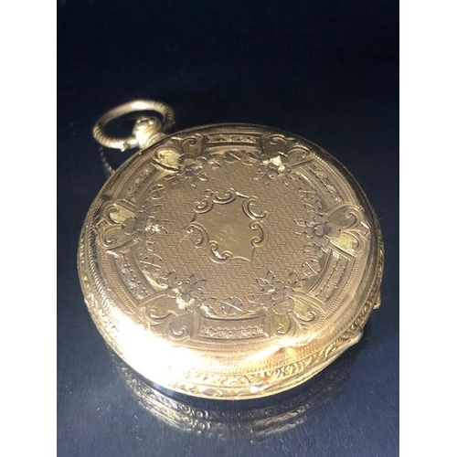 44 - 18ct Gold cased Pocket watch with key with gold floral decoration approx 36mm in diameter