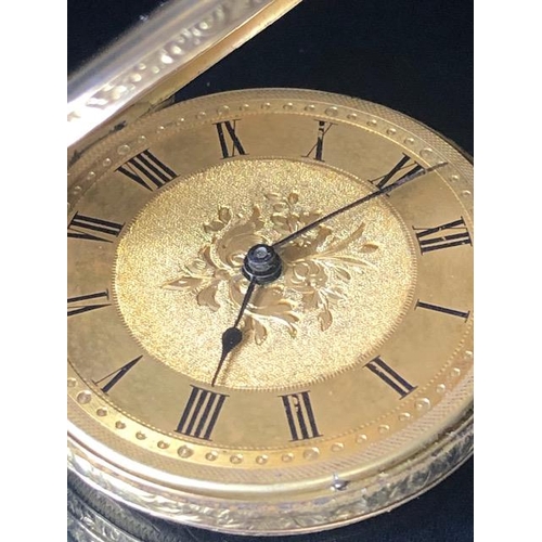 44 - 18ct Gold cased Pocket watch with key with gold floral decoration approx 36mm in diameter