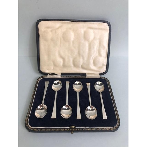 45 - Antique silver, cased set of six English hall marked silver coffee spoons approximately 34.7g