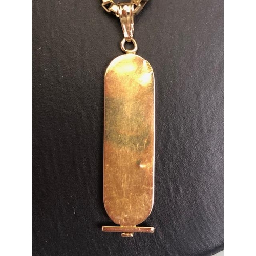 47 - 9ct gold 375 marked box chain and an Egyptian gold metal cartouche of hieroglyphs approximately 16.8... 