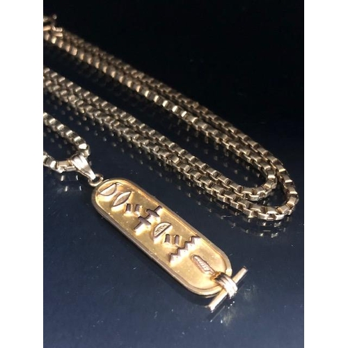 47 - 9ct gold 375 marked box chain and an Egyptian gold metal cartouche of hieroglyphs approximately 16.8... 