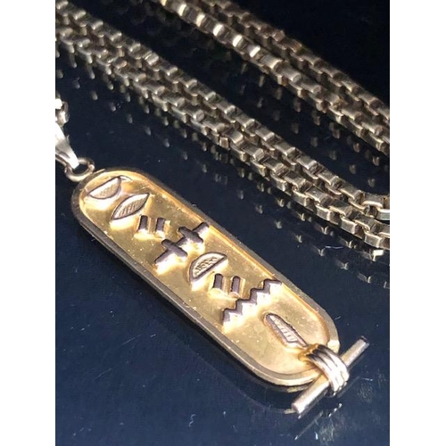 47 - 9ct gold 375 marked box chain and an Egyptian gold metal cartouche of hieroglyphs approximately 16.8... 