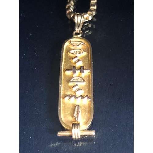 47 - 9ct gold 375 marked box chain and an Egyptian gold metal cartouche of hieroglyphs approximately 16.8... 