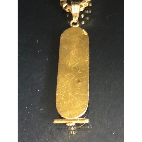 47 - 9ct gold 375 marked box chain and an Egyptian gold metal cartouche of hieroglyphs approximately 16.8... 