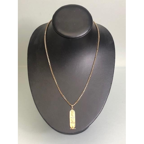 47 - 9ct gold 375 marked box chain and an Egyptian gold metal cartouche of hieroglyphs approximately 16.8... 