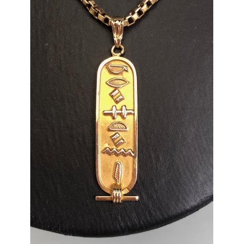 47 - 9ct gold 375 marked box chain and an Egyptian gold metal cartouche of hieroglyphs approximately 16.8... 