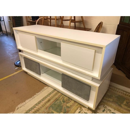 471 - Modern Furniture, pair of white finish  melamine media units each approximately156 x 50 x 45cm