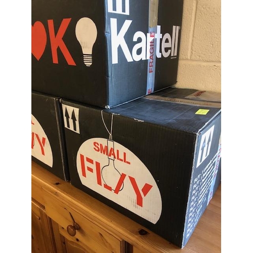 472 - Lighting, 3 modern suspended light fittings Kartell small fly petrol blue, still boxed