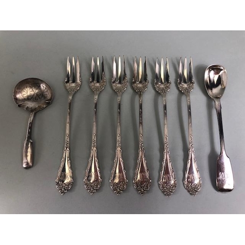 54 - Antique silver, set of six ornate sterling silver pickle forks, Georgian tea caddy spoon Birmingham ... 