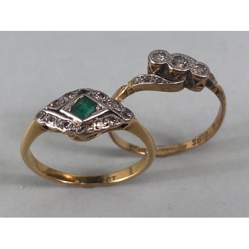 60 - Antique jewellery, 18ct gold ring set with an emerald and diamonds approximately 2.7g size P (AF), 1... 