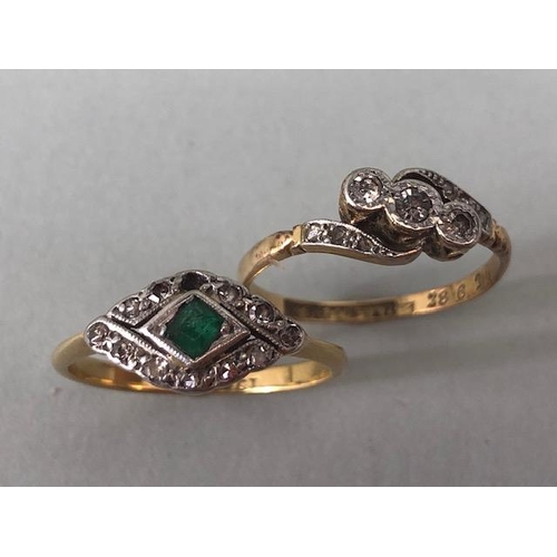 60 - Antique jewellery, 18ct gold ring set with an emerald and diamonds approximately 2.7g size P (AF), 1... 