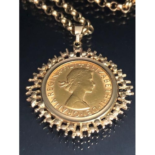 64 - Gold sovereign QEII for 1950 in a 9ct gold pendant mount, suspended from a 9ct belcher chain approxi... 