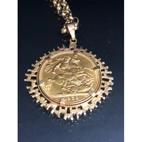 64 - Gold sovereign QEII for 1950 in a 9ct gold pendant mount, suspended from a 9ct belcher chain approxi... 