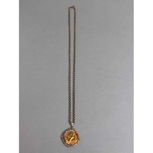 64 - Gold sovereign QEII for 1950 in a 9ct gold pendant mount, suspended from a 9ct belcher chain approxi... 