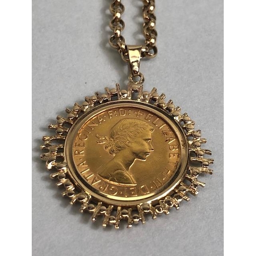 64 - Gold sovereign QEII for 1950 in a 9ct gold pendant mount, suspended from a 9ct belcher chain approxi... 