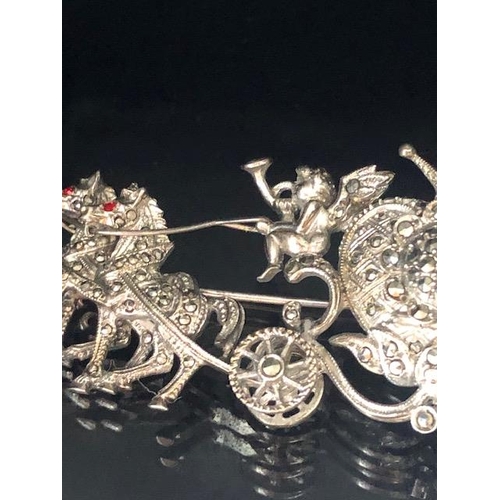 8 - Sterling Silver marcasite horse and carriage watch brooch with inset timepiece with crown shaped hin... 