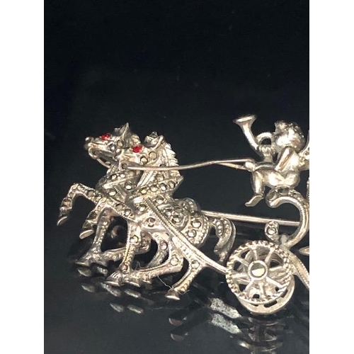 8 - Sterling Silver marcasite horse and carriage watch brooch with inset timepiece with crown shaped hin... 