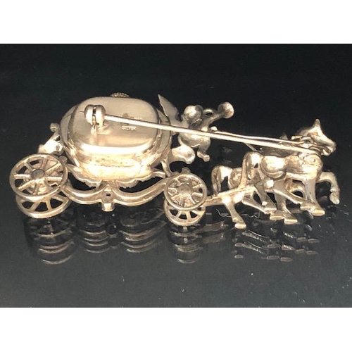 8 - Sterling Silver marcasite horse and carriage watch brooch with inset timepiece with crown shaped hin... 