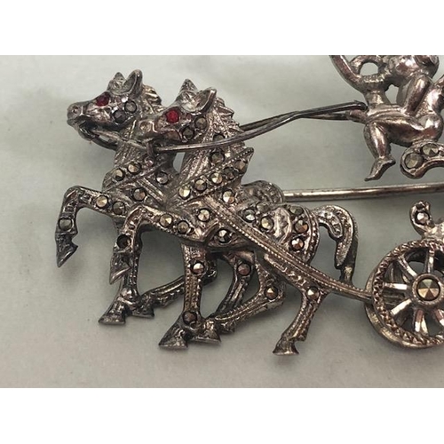 8 - Sterling Silver marcasite horse and carriage watch brooch with inset timepiece with crown shaped hin... 