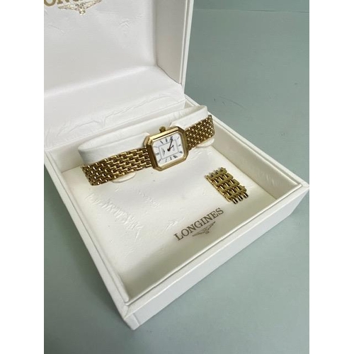 93 - Longines wristwatch with white dial and roman numeral markers on a 9ct Gold strap (quartz) with extr... 