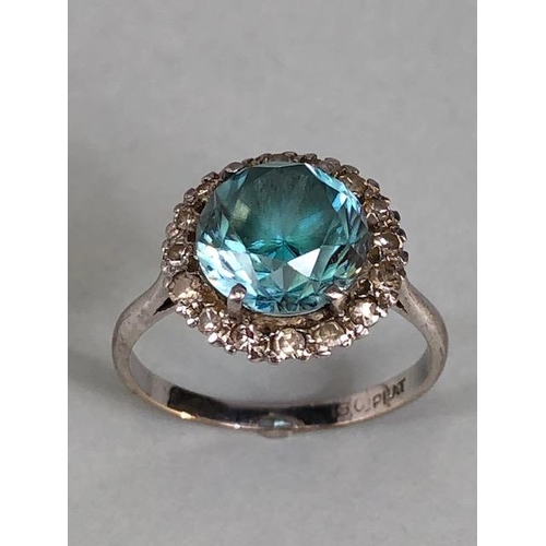 12 - 18ct White Gold and Platinum ring set with an old brilliant cut Aquamarine surrounded by diamonds, a... 