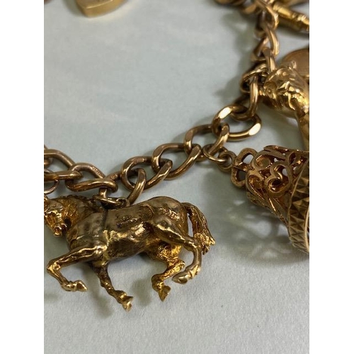 18 - 9ct Gold Charm bracelet with a good collection of 9ct Gold charms to include a Dolphin, Horse, teapo... 