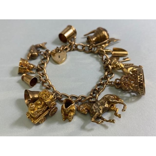 18 - 9ct Gold Charm bracelet with a good collection of 9ct Gold charms to include a Dolphin, Horse, teapo... 